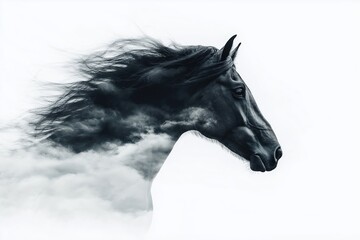 Black horse head with long mane flowing in the wind double exposure