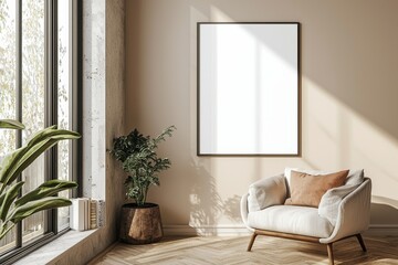 Poster Frame in Beige minimalist living room interior created with generative AI