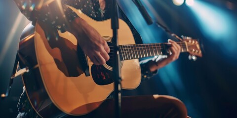 Fototapeta premium Close-up of a musician playing acoustic guitar on stage, capturing the passion for music and performance