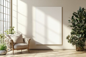 Poster Frame in Beige minimalist living room interior created with generative AI