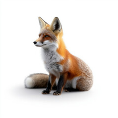 Obraz premium A realistic image of a red fox sitting calmly, isolated against a clean white background, showcasing detailed fur.