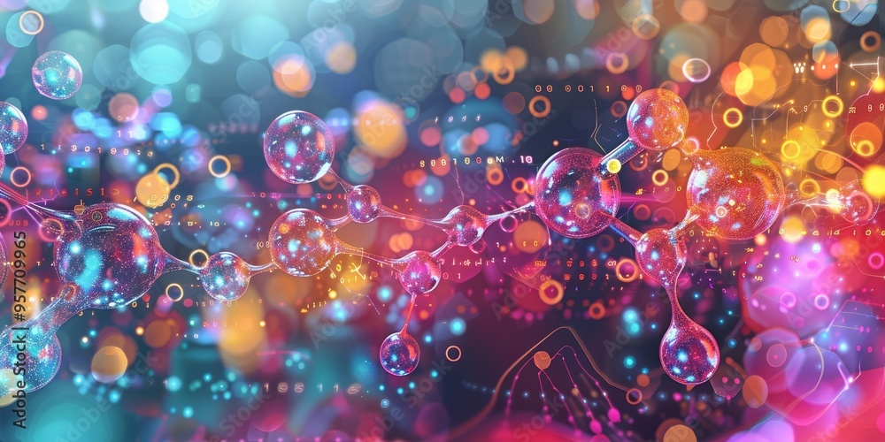 Aufkleber Abstract depiction of molecular structures in vibrant colors, set against a backdrop of digital data streams and futuristic elements