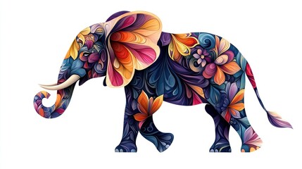A Colorful Elephant Illustration With Floral Patterns