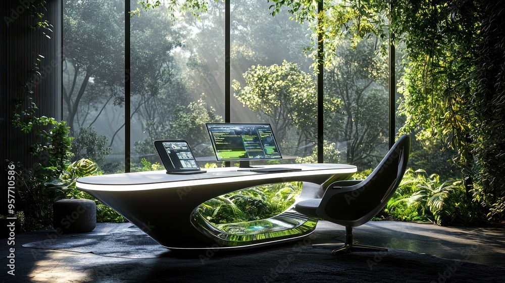 Sticker Modern Office Space with Futuristic Desk and Jungle View