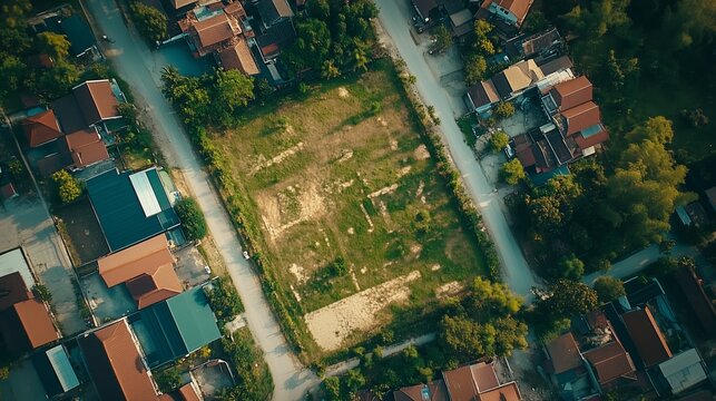 Aerial view of a vacant lot surrounded by residential buildings in a quiet neighborhood