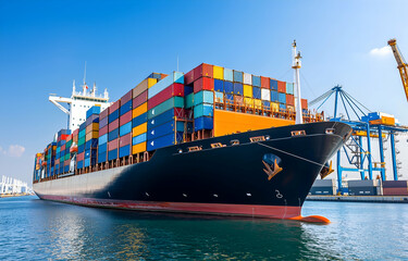 Fototapeta premium Large Cargo Ship Loading Colorful Shipping Containers at Industrial Port