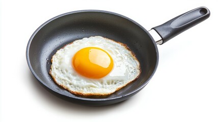 A fried egg is sitting in a pan on a white background