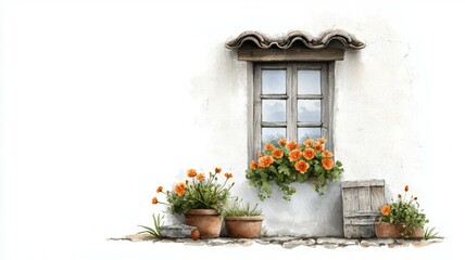 A window with a view of a garden with flowers in pots