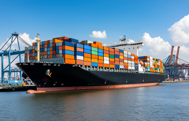 Naklejka premium Large Cargo Ship Loading Colorful Shipping Containers at Industrial Port