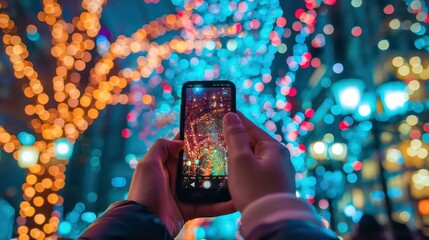 Person taking a photo of a bokeh light display on their smartphone.