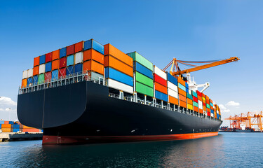Fototapeta premium Large Cargo Ship Loading Colorful Shipping Containers at Industrial Port