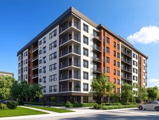 Modern apartment building with balconies and a green lawn in front.