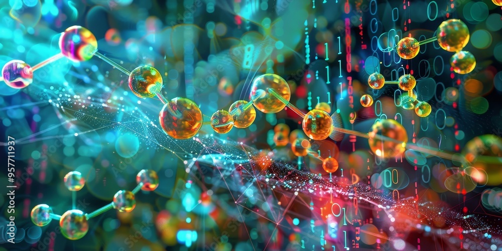 Aufkleber Abstract depiction of molecular structures in vibrant colors, set against a backdrop of digital data streams and futuristic elements