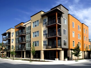 Obraz premium Modern apartment building with balconies and a street in front.