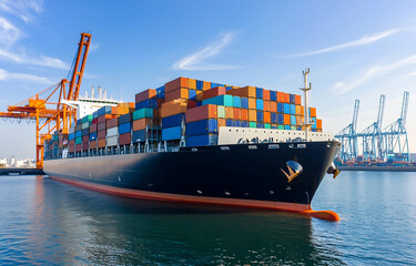 Fototapeta premium Large Cargo Ship Loading Colorful Shipping Containers at Industrial Port