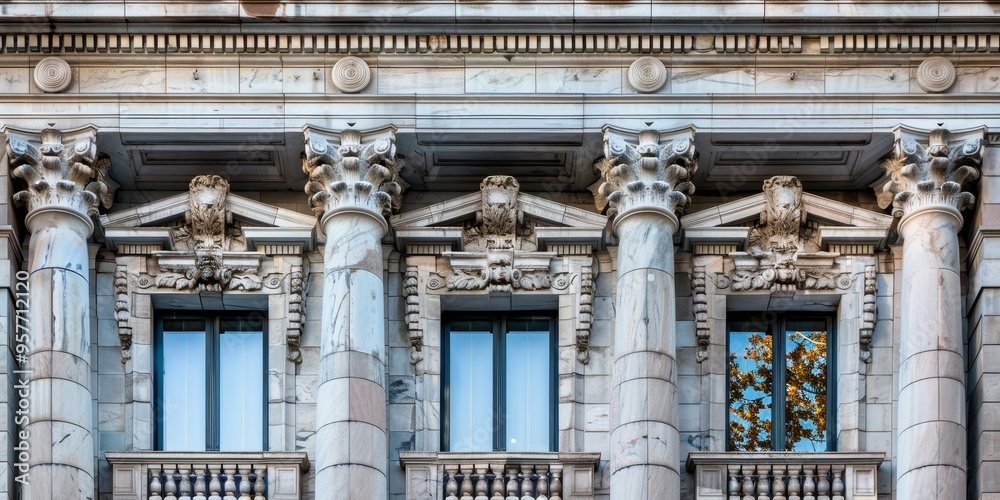 Poster a historic building facade with marble stone columns and detailed carvings, reflecting classical arc