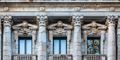 Fototapeta premium A historic building facade with marble stone columns and detailed carvings, reflecting classical architecture and timeless elegance