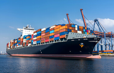 Fototapeta premium Large Cargo Ship Loading Colorful Shipping Containers at Industrial Port