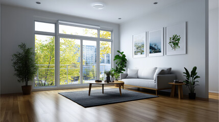 Obraz premium Modern living room featuring large windows, abundant natural light, minimalist furniture, and green plants creating a serene atmosphere.