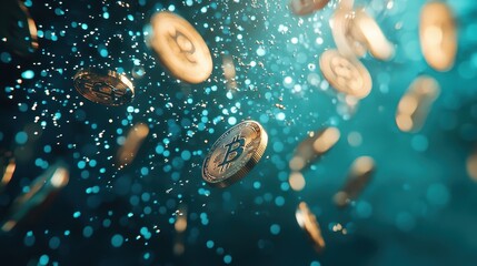 Golden Bitcoin Cryptocurrency Falling Through Teal Bokeh Background