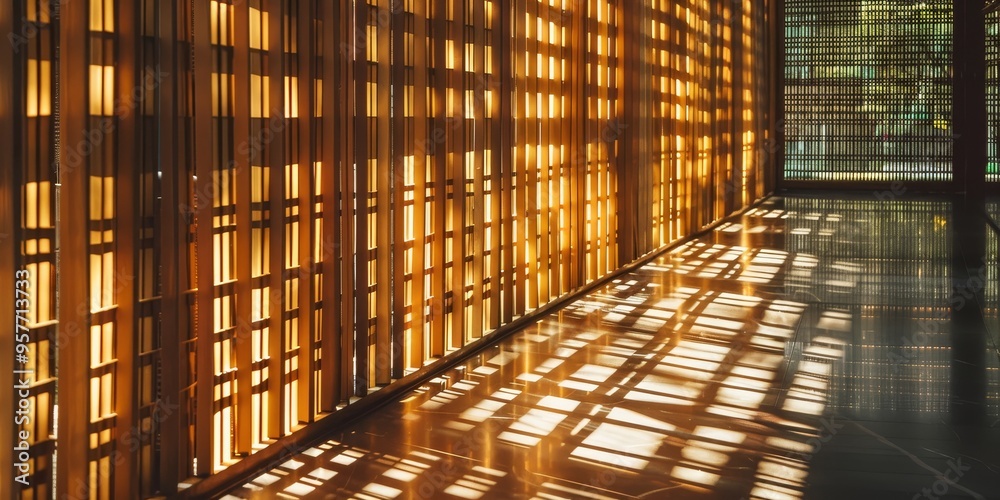 Aufkleber Sunlight filtering through bamboo blinds, casting geometric patterns of light and shadow on a serene indoor space