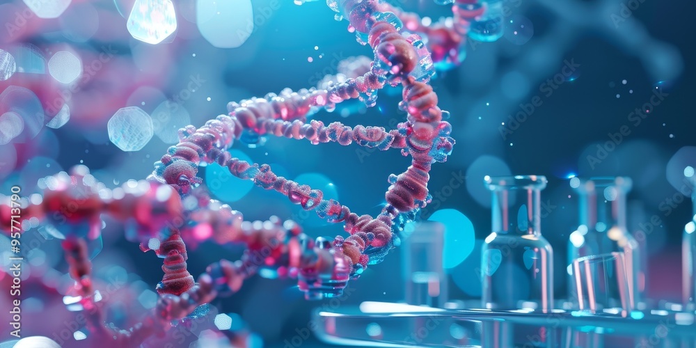 Poster detailed image of a protein molecule, highlighting its complex structure, with lab tools and equipme