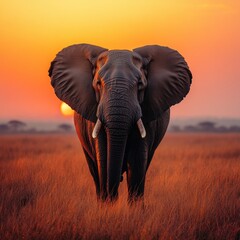 Obraz premium African Elephant Standing Tall in a Field at Sunset