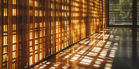 Sunlight filtering through bamboo blinds, casting geometric patterns of light and shadow on a serene indoor space