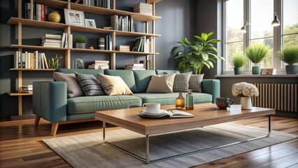 In the modern living room, a sleek bookshelf stands alongside a plush couch, where a cup-and-saucer still life