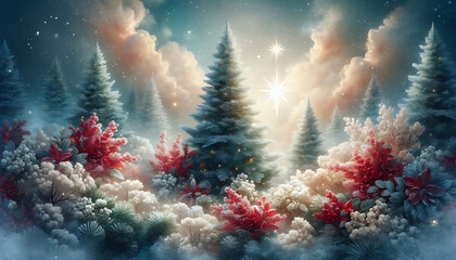 A winter landscape featuring a cluster of evergreen trees with vibrant red and white foliage. In the background a luminous star shines brightly amidst soft ethereal clouds