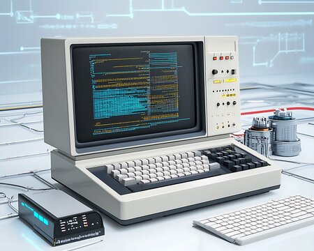 Nostalgic Fusion: Vintage Analog Computer with AI Digital Overlays on Retro Technological Background