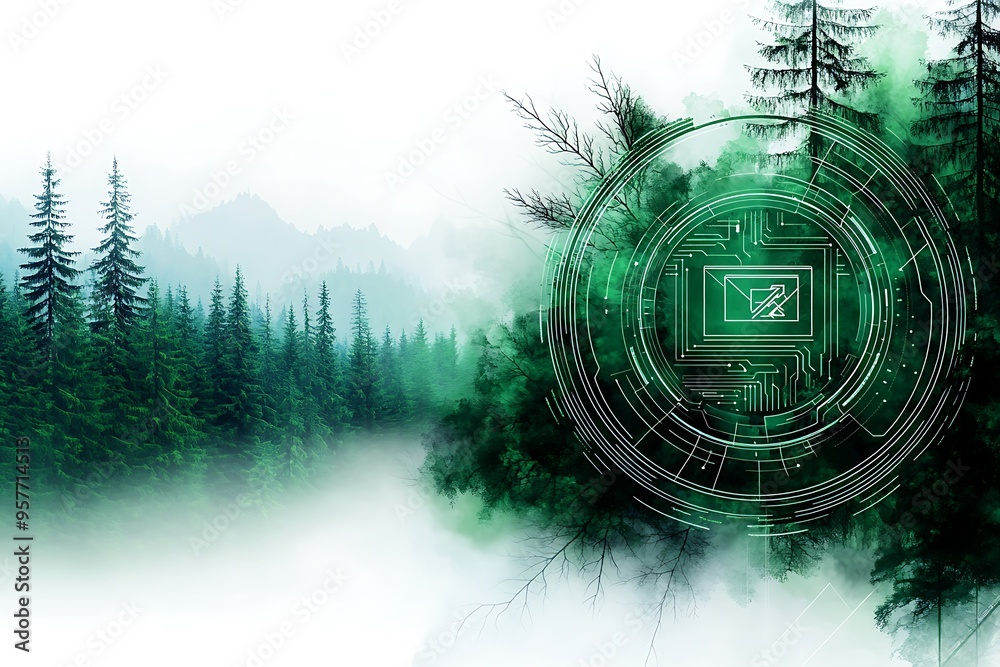 Canvas Prints high-tech web fusion with nature: aerial view above forest in watercolor style