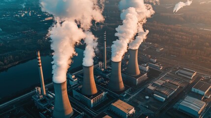 Aerial View of Industrial Power Plant with Cooling Towers and Smoke Plumes