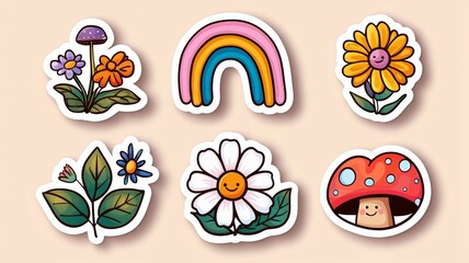 A set of stickers featuring flowers, a mushroom, and a rainbow