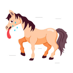 Tired horse walking with tongue out, flat style sticker 