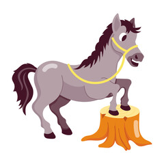 Cartoon style sticker of forest horse standing on wood  