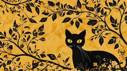Black Cat in Yellow Floral Pattern