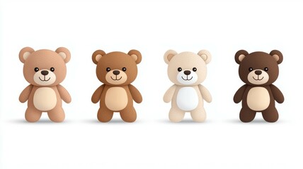 Four teddy bears of different colors standing in a row