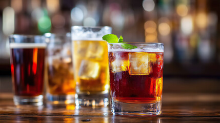 Assorted alcoholic beverages with ice on a bar counter