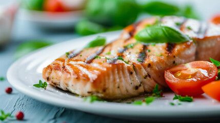 Grilled salmon with fresh herbs and vegetables on white plate