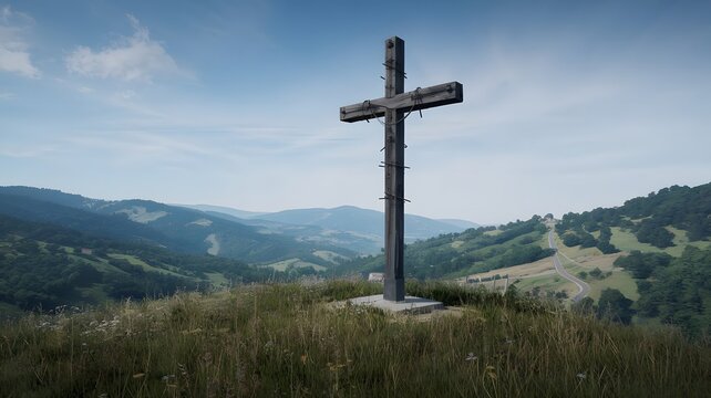 Timeless Stone Cross on Hilltop at Sunset
