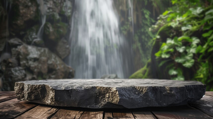 Obraz premium A large stone with a small pool of water in the middle. The stone is surrounded by a lush green forest