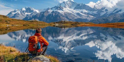 A backpacker sitting by a remote alpine lake, with snow-capped peaks reflected in the calm water