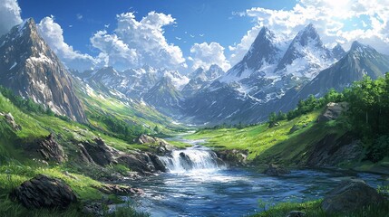 Serene Mountain Landscape with Flowing River Ideal for Adventure Travel and Outdoor Explor