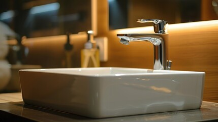 Sink: Rectangular ceramic sink with a glossy white finish, elegantly integrated into a sleek vanity, featuring a single lever faucet in polished chrome.