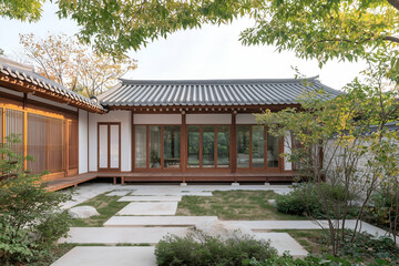 Fototapeta premium Traditional Korean Hanok House with Wooden Structure and Tiled Roof under Blue Sky