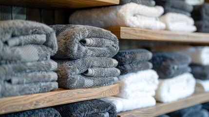 Towels: Cozy gray and white cotton towels, stacked neatly on a shelf, offering plush softness and absorbency for after your bath or shower.
