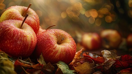 Vibrant Autumn Harvest Display Featuring Fresh Apples and Pumpkins Amidst Colorful Leaves
