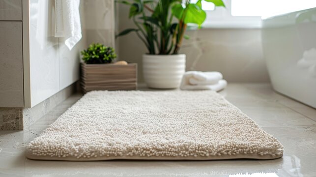 Bath Mat: A neutral beige, plush bath mat that absorbs moisture and provides a slip-resistant, comfortable surface in front of the bathtub.
