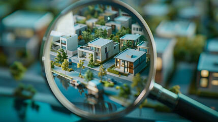 Searching new house for purchase. Rental housing market. Magnifying glass near residential building, model house. 